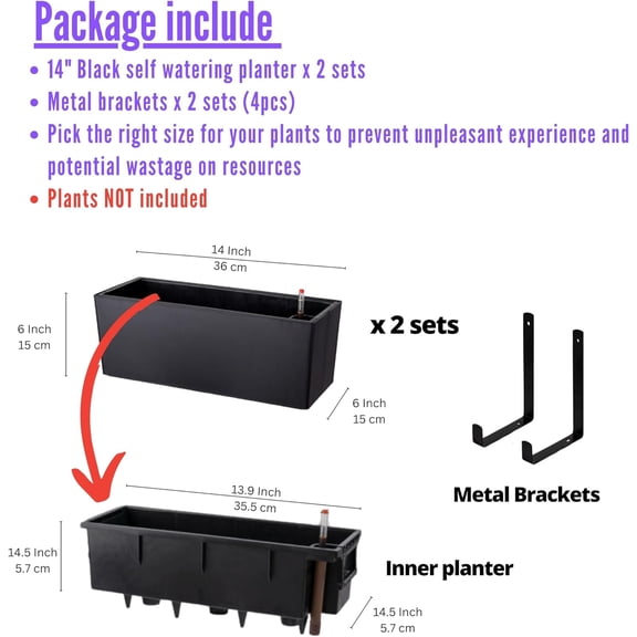 LaLaGreen Wall Planters for Outdoor (2 Pack, 14 Inch) Black Self Watering System Hanging Plant Box Flower Pot, Rectangular Wall Mount Indoor Vertical Living Garden Decoration Window Sill Herb Trendy