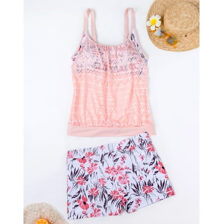 Njoeus Blouson Tankinis Swimsuits for Women Floral Two Piece Bathing Suits Modest Swimwear Crochet Lace Hollow Out Tank Top with Boyshorts L-5XL Available in Plus Size)
