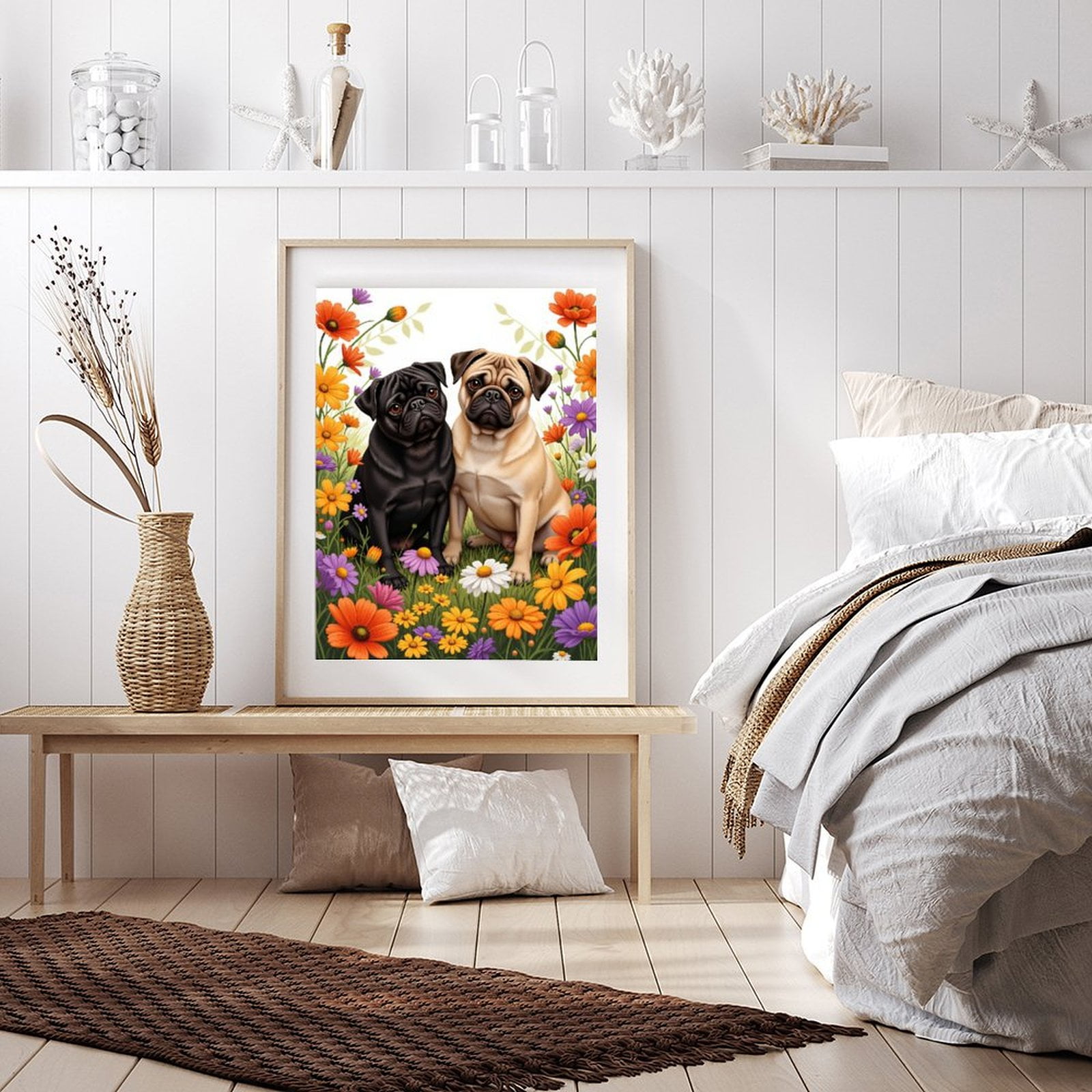 Diamond Art Kits for Adults - 5d Pug Pair Flower Field Diamond Painting for Adults, Diamond Art for Adults Beginners, Diamond Painting Kits for Adults for Home Wall Decor