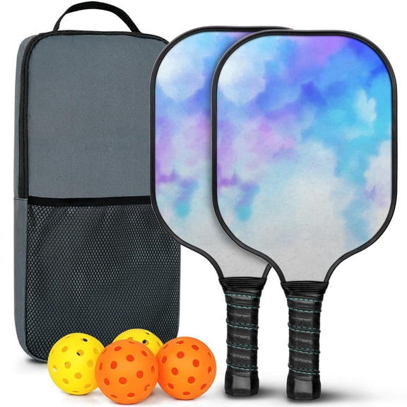 Pickleball Paddles Set Of 2, Fiberglass Surface, Fluid Smoke Aurora Art Style, 4 Balls & Bag