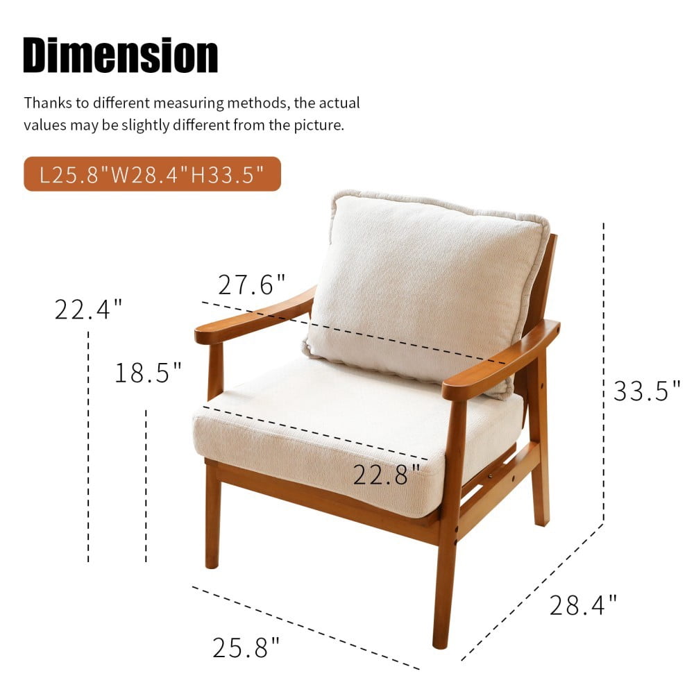 Accent Chair, Modern Upholstered Armchair with Soft Fabric Cushion & Solid Wood Legs, Cozy Reading Chair for Living Room, Bedroom & Apartment, White & Light Brown