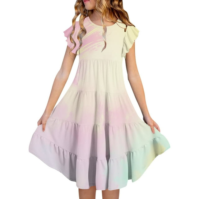 Big Girls Dresses Summer Double Layer Flutter Sleeve Flowy A Line Casual Gradient Midi Dress Robe Fille Size 12-13T