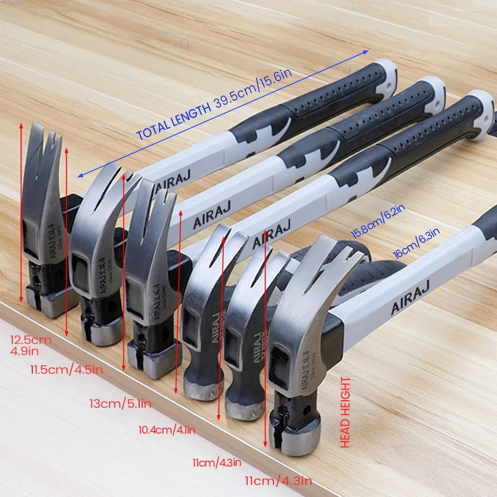 AIRAJ 6-Piece Claw Hammer Set - Forged Carbon Steel Shock-Absorbing & Wear-Resistant with Non-Slip Grip for Professional/Home Use