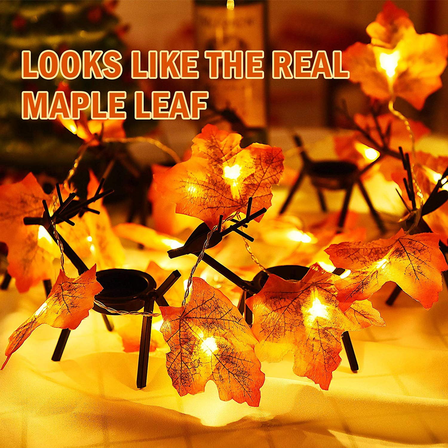 4M maple leaf fairy lights Christmas lights Battery operated indoor outdoor decoration for Thanksgiving Halloween Christmas balcony terrace living room warm white Etmury 40 LED maple leaf fairy lights