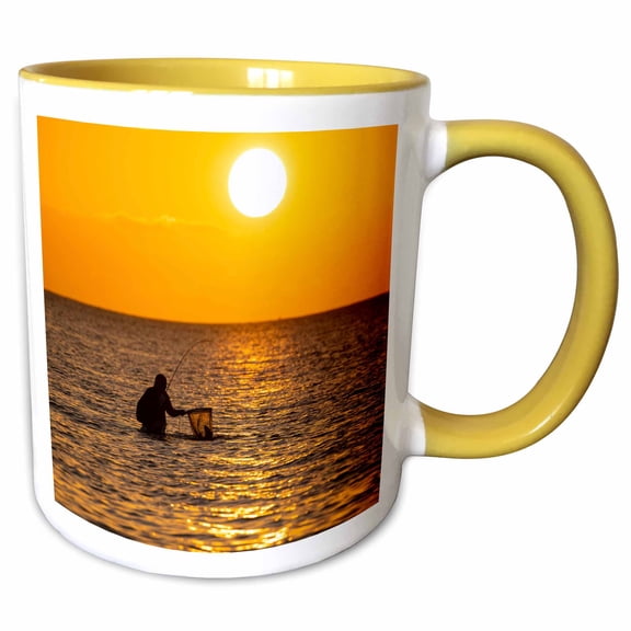 3drose, Saltwater Fishing in Laguna Madre, Bay at Sunrise., 11oz Two-tone Yellow Mug
