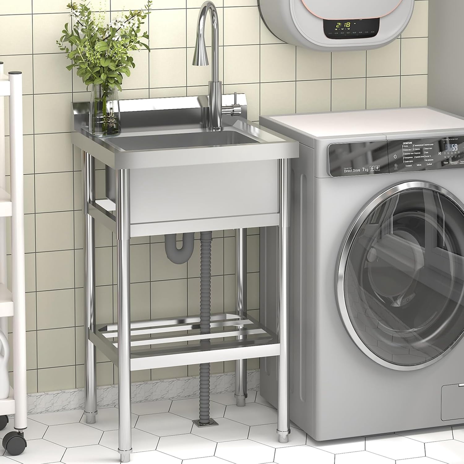 24 Inch Utility Sink With Faucet & Cold and Hot Water Pipes, Free Standing Sink for Kitchen Laundry Room Bathroom Restaurant Garage Garden Backyard, Stainless Steel Sink, Single Bowl Sink