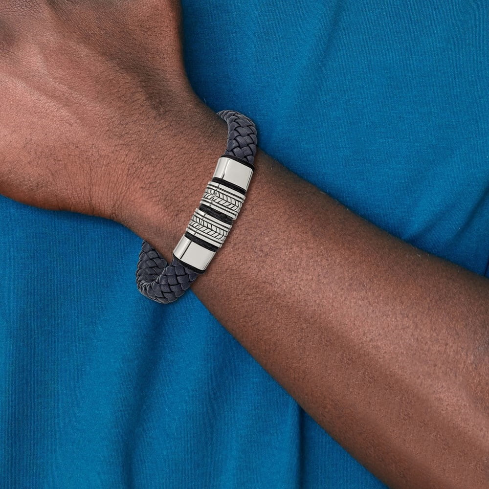 Diamond2Deal Stainless Steel Antiqued and Polished Braided Blue Leather with Black Silicone Bracelet for Men 8.25"