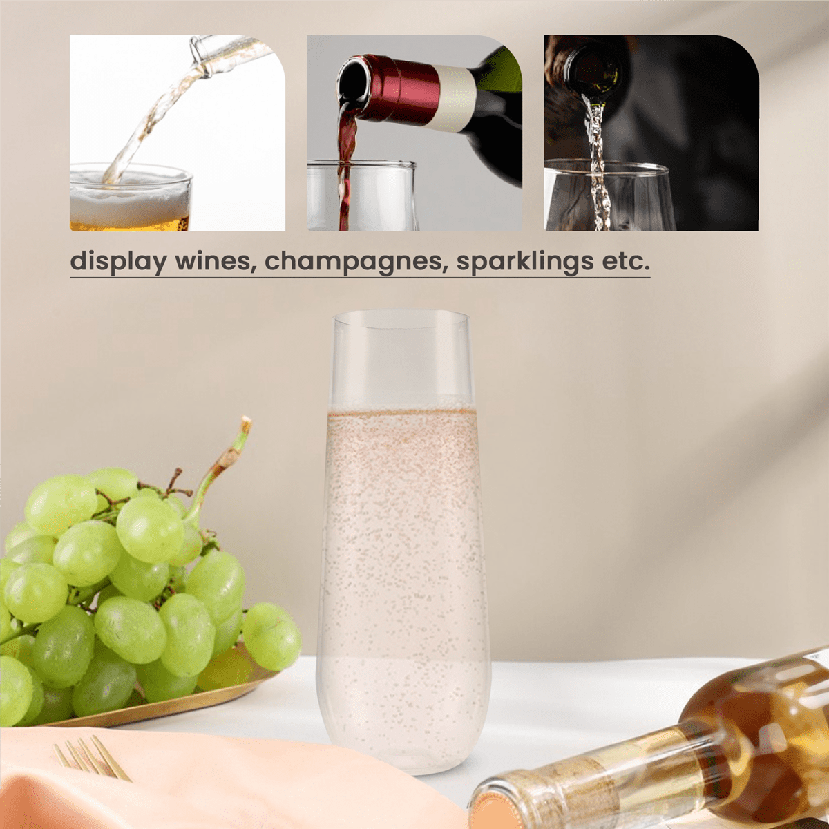24 Stemless Plastic Champagne Flutes - 9 Oz Glasses Clear Unbreakable Toasting Disposable for Wedding Or