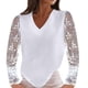 thumbnail image 2 of Mujeres Casual encaje manga larga Patchwork cuello en V pulóver Color sólido blusa camiseta Tops Pompotops  gfhjh21764, 2 of 7