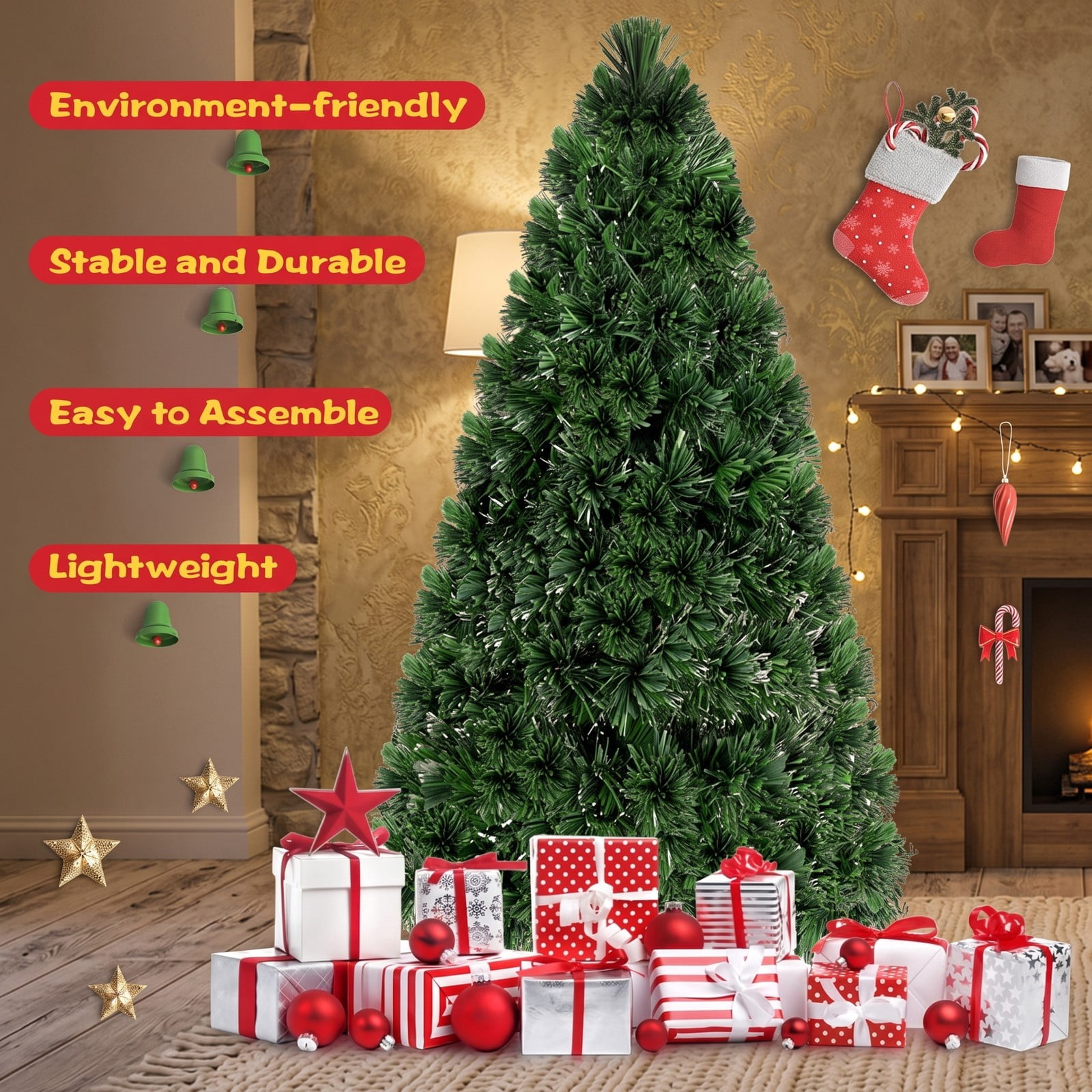 RUIE 6 FT Fiber Optic Artificial Christmas Tree, Pre-Lit PVC Xmas Tree with 220 Tips, 7-Color Changing LED Lights and Plastic Stand for Indoor Holiday Decoration, Green