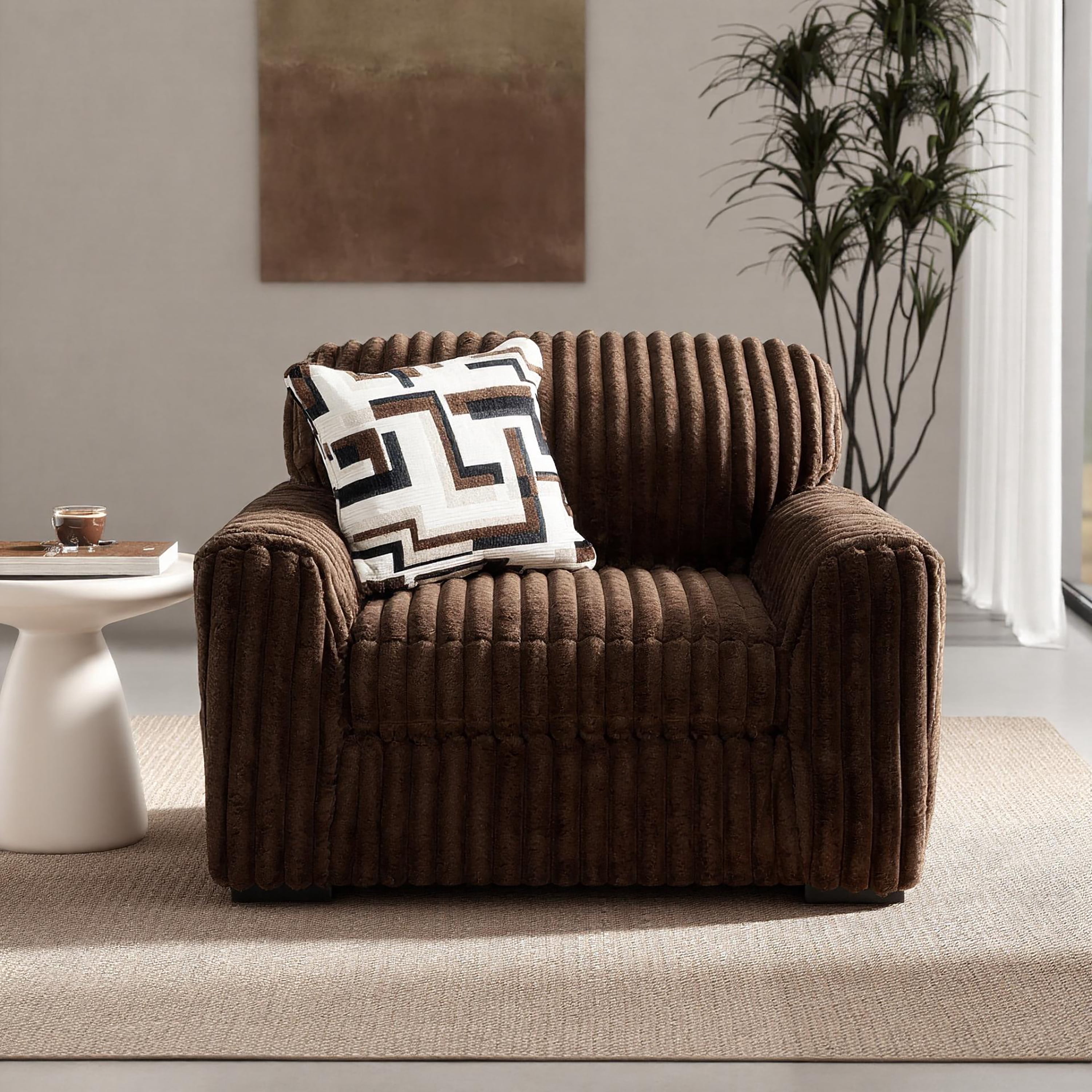 Roundhill Furniture Solenne Oversized Chair and a Half with Jumbo Corduroy Upholstery, Reversible Cushion, and Accent Pillow, Chocolate