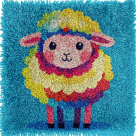 Little Cute Colorful Sheep Latch Hook kits Mini Rug DIY Handmade Crochet Yarn Needlework Hook and Latch Kit Printed Canvas Carpet Cushion Cover Home Christmas Decoration 30x30cm
