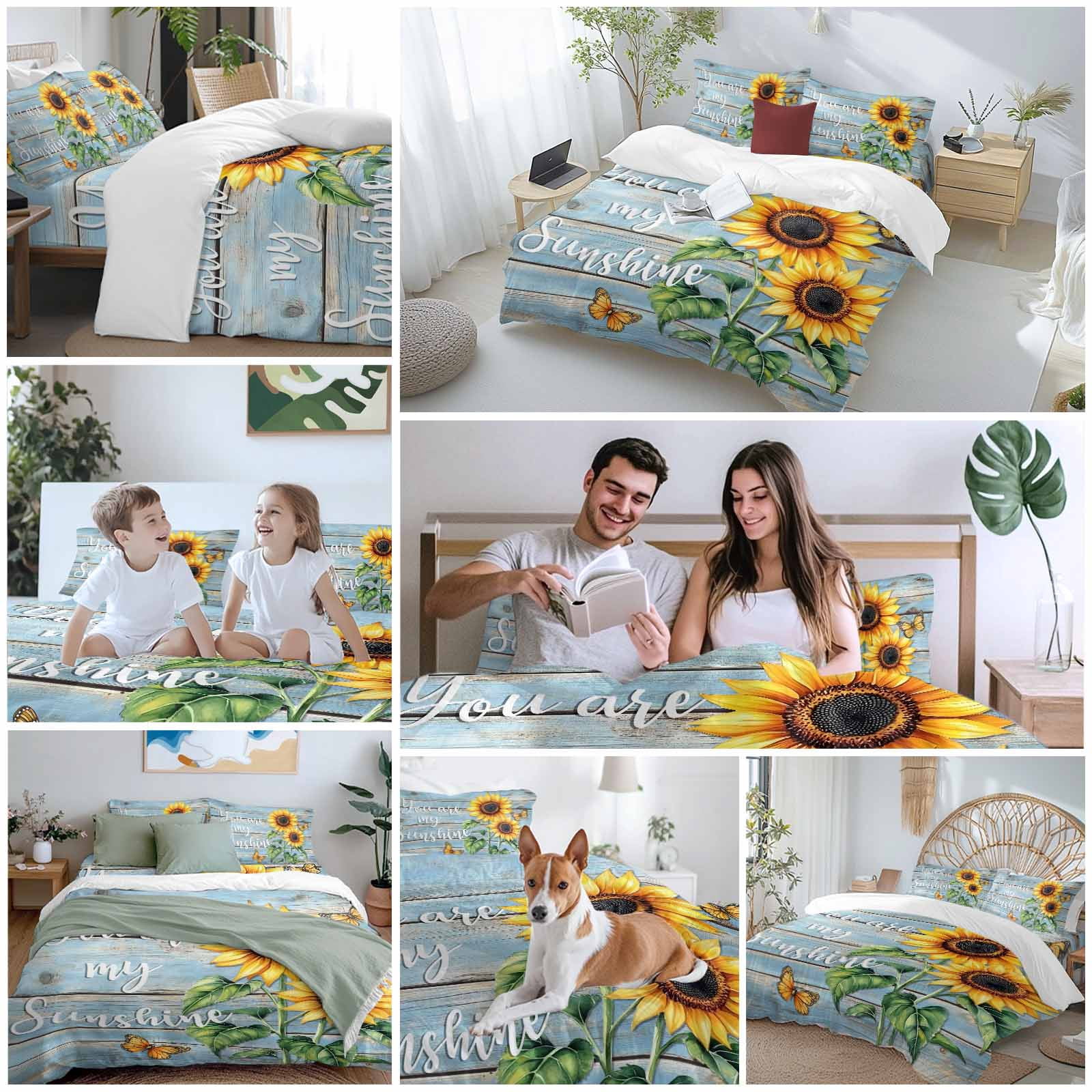 Vintage Sunflower Bedding Duvet Cover Set King 4 Pieces You Are My Sun Shine Butterfly Blue Wood Board Bedding Set with Zipper Closure,1 Comforter Cover 92x106 Inches 1 Flat Sheet & 2 Pillow Cases