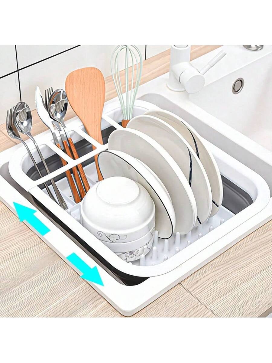 1pc Plastic Dish Rack, Collapsible Dish Drying Rack With Utensil Holder, Foldable Tableware Storage Rack, Kitchen Storage Basin, Space-Saving Sink Drainer For Home, RV