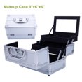 thumbnail image 1 of Makeup Box Train Case Large Storage Capacity Portable Travel Cosmetic Organizer with Compartments and 2-Tier Trays with Mirror, Lockable with Keys - Silver, 1 of 9