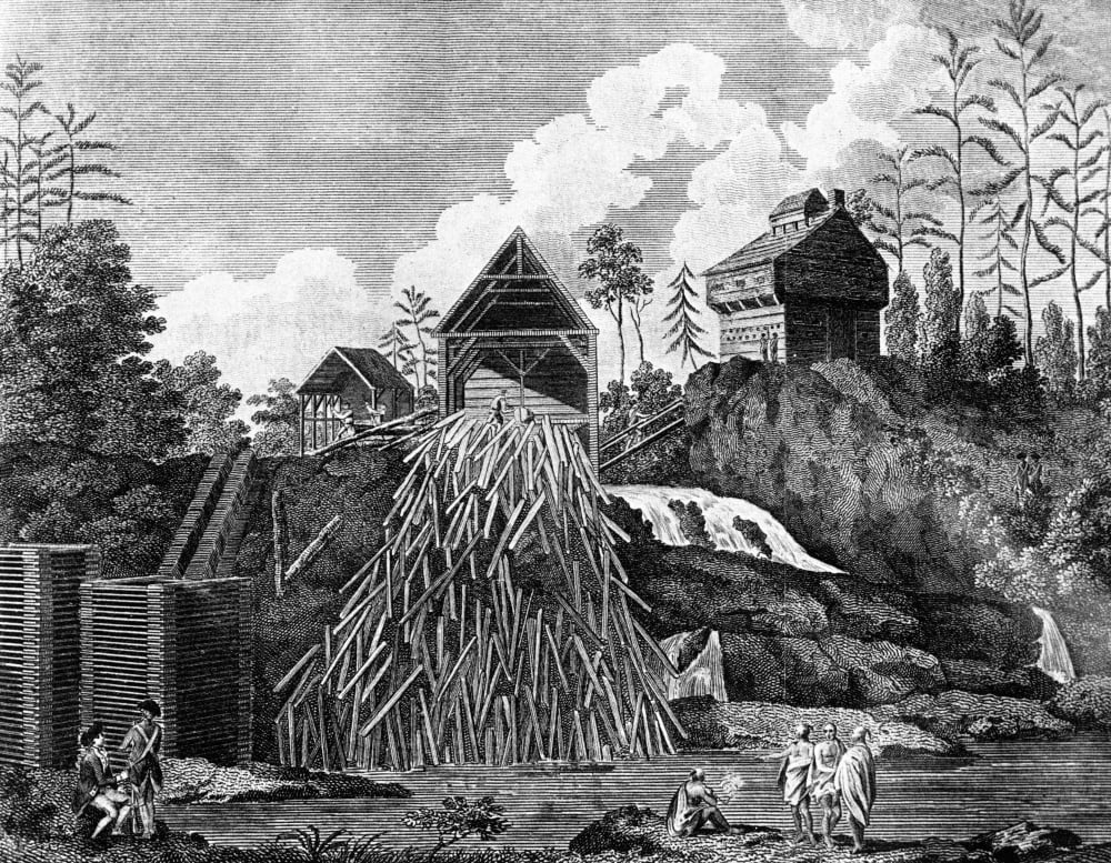 Sawmill, 1777. /Na Sawmill In Fort Anne, New York. Line Engraving, 1777