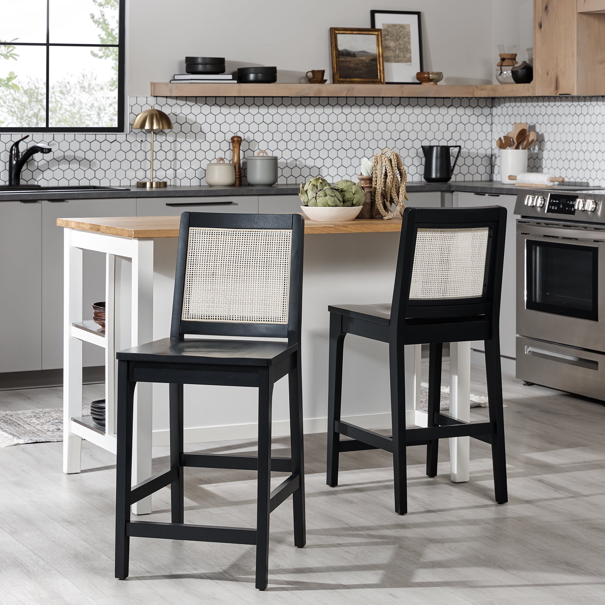 Walker Edison Counter Height Rattan Back Bar Stools, Black (Set of 2)