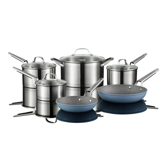 Starfrit The Rock Wave Batterie de cuisine 10-pc, Acier inoxydable durable, Va au four, Sans AFPO, Facile à nettoyer, vendu avec 2 poêles antiadhésives The Rock Wave (20cm et 25cm)
