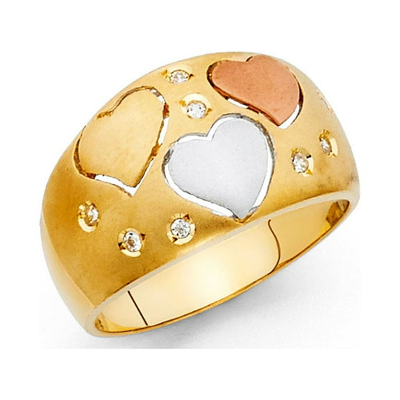 14k Yellow White Rose Gold Heart Band CZ Three Hearts Ring Wide Dome Style Satin Polished Size 7