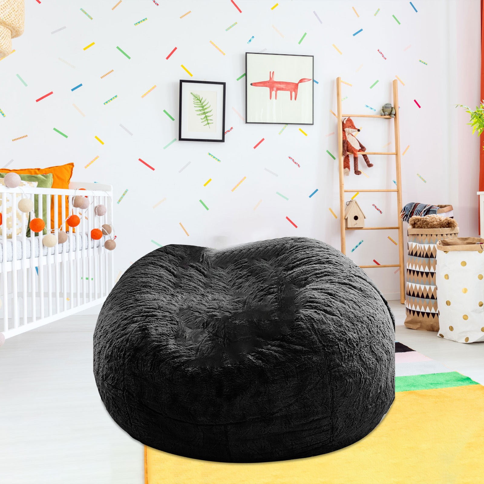 RoamHome Giant Fur Bean Bag Chair Cover for Kids Adults, (No Filler) Living Room Furniture Big Round Soft Fluffy Faux Fur Beanbag Lazy Sofa Bed Cover (Black,59x29.5in)