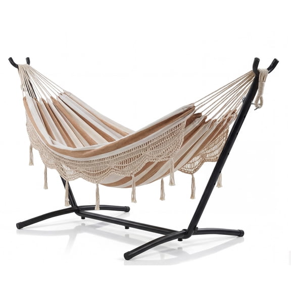 2 Person Hammocks with Heavy-Duty Steel Stand for Outside,Double Hammocks Portable Space Saving,Beige Stripe with Lace,Perfect for Backyard Patio Beach,9-Foot