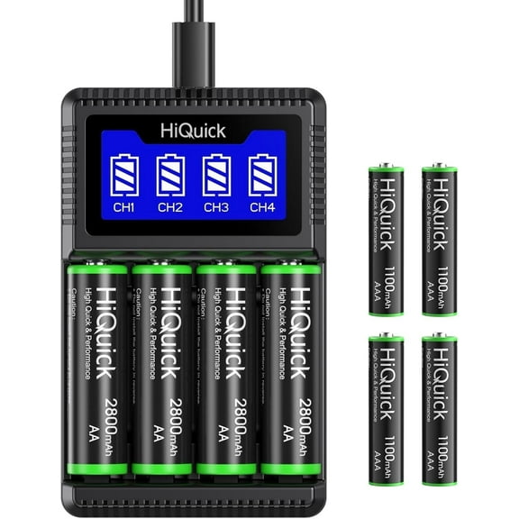 HiQuick Rechargeable AA & AAA Battery Bundle: Includes 4-Pack 2800mAh AA Batteries and 4-Pack 1100mAh AAA Batteries with 5V 2A USB Fast Charger. High Capacity and Low Self-Discharge