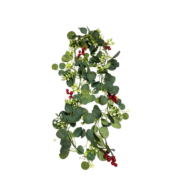 Qholemyo 71 Inch American‑Style Eucalyptus Artificial Garland Greenery Garland Fake Plants Home Decor Red Berry Breath For Wall Mantel Hanging Ornament