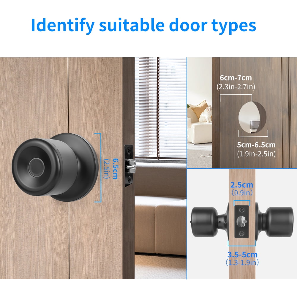 Fingerprint Door Lock, Smart Fingerprint DoorKnob with Lock, Biometric Door knob with AppControl & Key, Keyless Thumbprint Entry DoorLock for Bedroom, Front Door, Home, ApartmentOffice-Matte Black