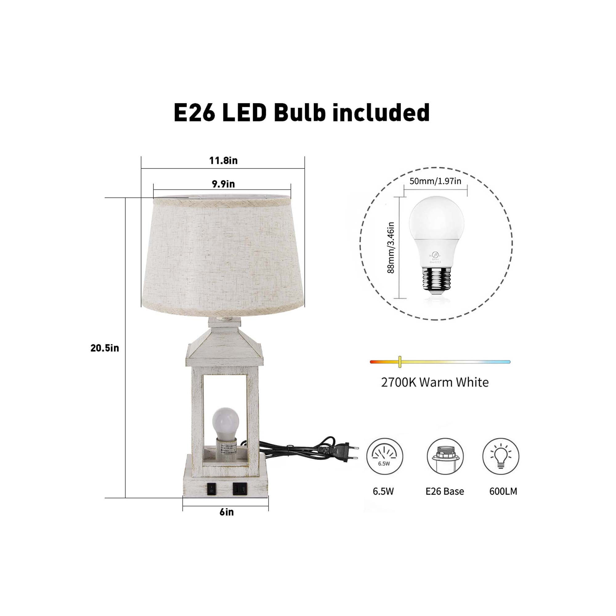 Miniyam 12" W * 20.5" H Set of 2 Vintage Table Lamps for Office, Nightstand Lamp with USB C+A & Outlet Bedside Lamps for End Table, Including Light Bulbs (White Gold)