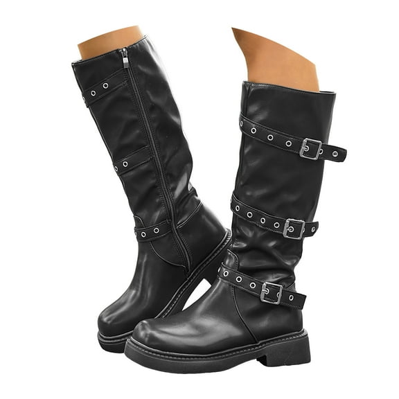 YLYL Knee High Boots for Women Round Toe Stylish Slouchy Low Heel Wide Calf Biker Moto Gothic Buckle Boots