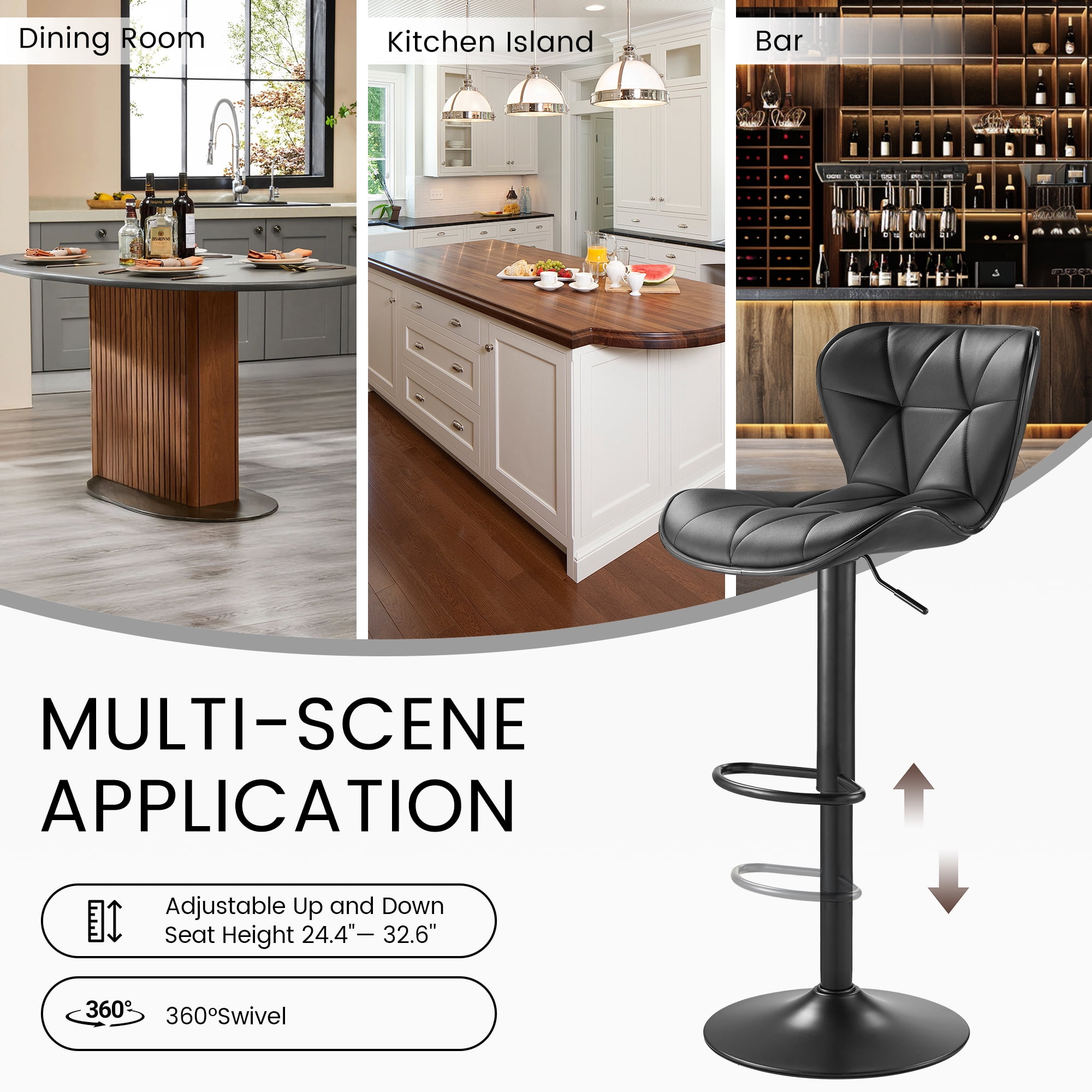 SAETSFEG Bar Stools, Adjustable Swivel Bar Stool with Backrest, Modern Counter Height Island Chairs for Kitchen Island, Dining Room, Black