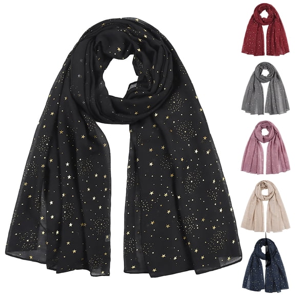 FCLoft Women's Silver Gold Glitter Scarf - Shimmer Sparkle Star Print Soft Lightweight Shawl Wrap