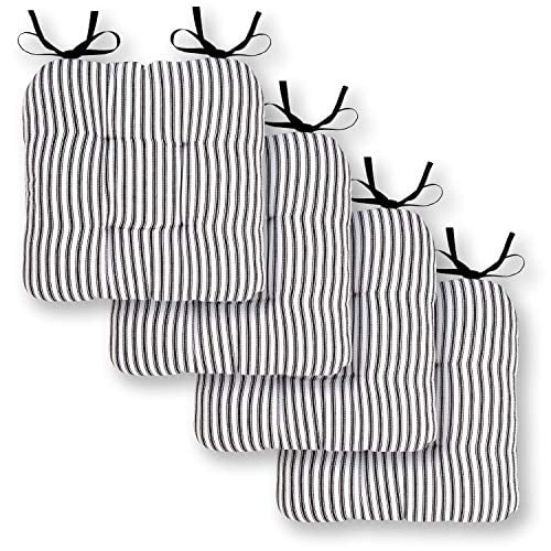 Cackleberry Home Black and White Ticking Stripe Seat Cushions with Ties 15 Inches Square, Set of
