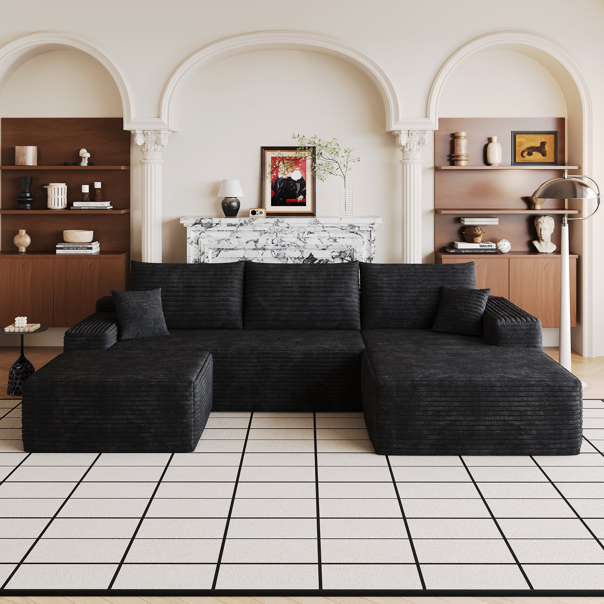 Cloud Sectional Sofa 107 Inch, U-Shaped Modular Couch with Ottoman and Corduroy Fabric, Deep Seat Corner Sofa for Living Room, No Assembly Required, Black