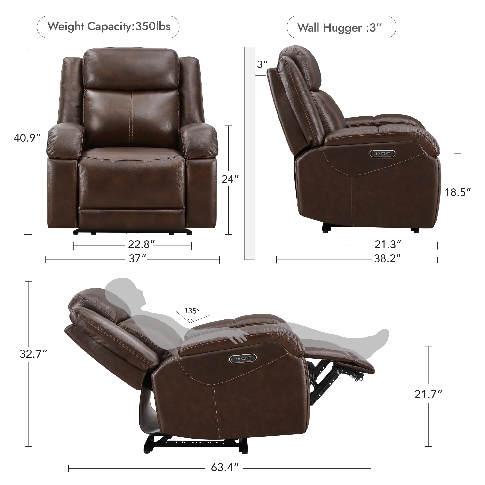 Spruce & Spring Genuine Leather Wall Hugger Power Recliner with Dual Motors, Brown-Medium