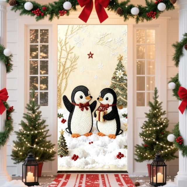 Cortina navideña para puerta con bordado estereoscópico | Cortina festiva para la puerta principal | Adorno de pared para la decoración de fiestas navideñas
