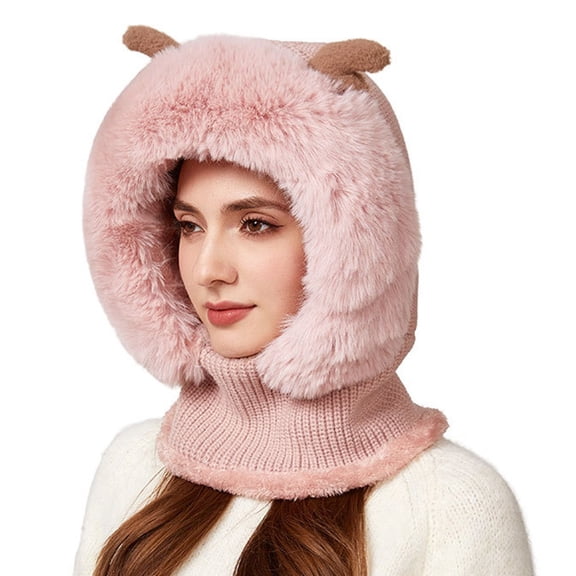 WZXFASHION Ribbed Knit 3-in-1 Hat Scarf Ear Flap Combo Winter Hat for Women and Men Pink One Size