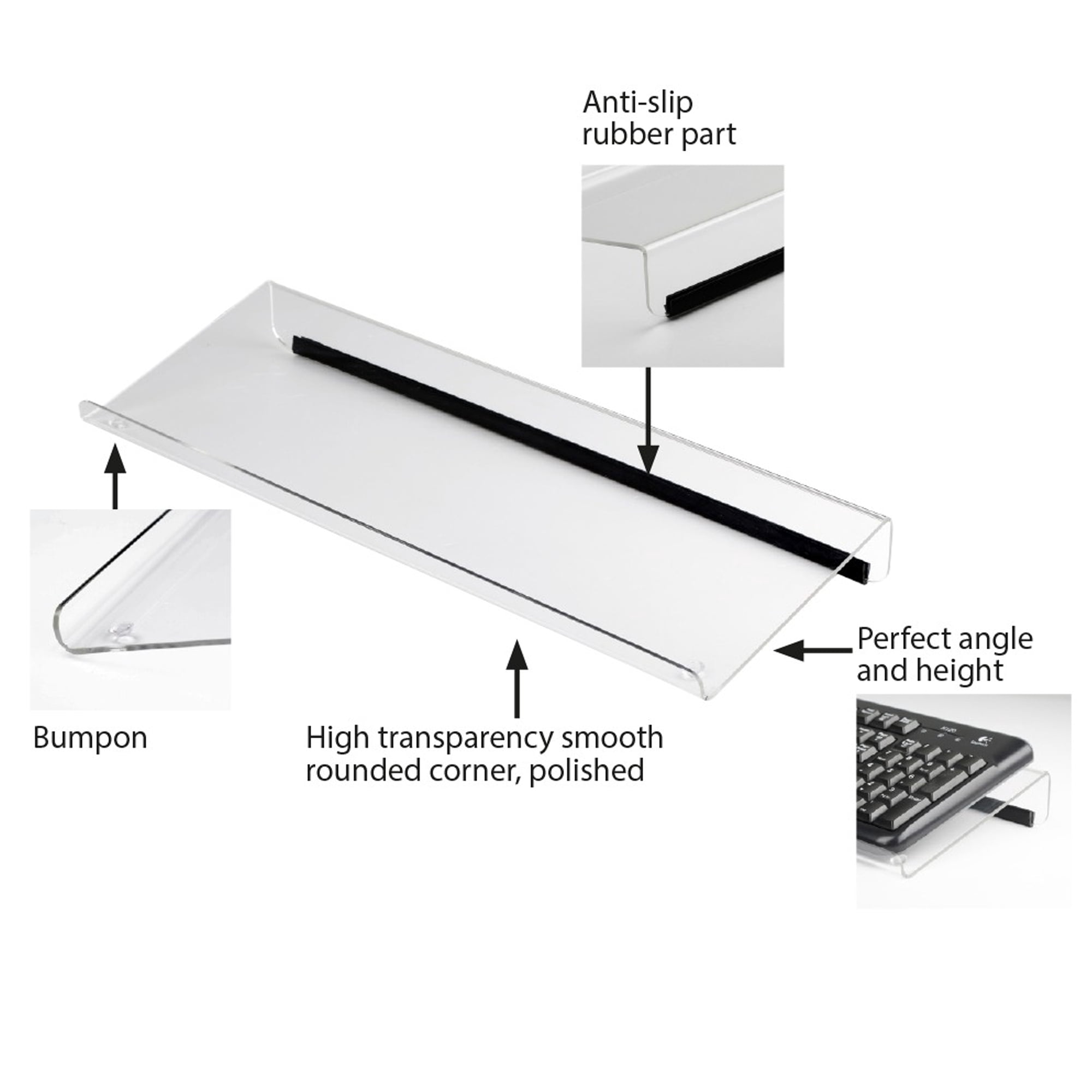 M&T Displays Tilted Ergonomic Computer Keyboard Stand with Rubber Strip Clear Acrylic Clear Riser for Computer Work, Gaming and Typing,Universal Elevated Stand