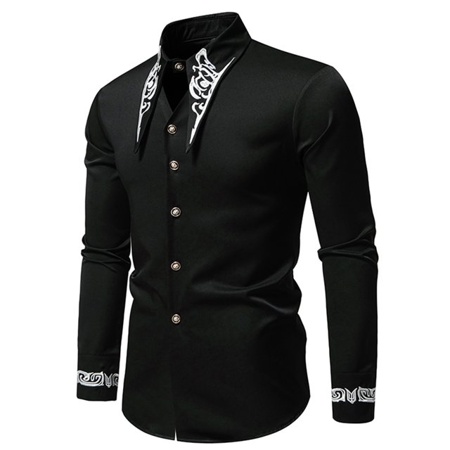 Blusa y camisa de manga larga con cuello vuelto para hombre, informal, con bordado, estampado, botones a la moda, blusa de manga larga con cuello vuelto, blusa de poliéster para hombre
