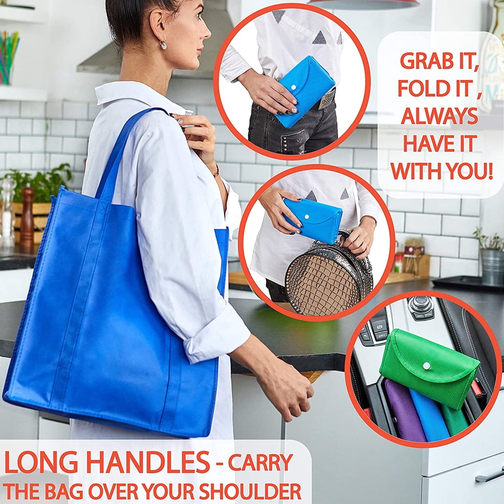 OUSITAID 5 Pack Reusable Grocery Bags, Large Foldable Shopping Bags Tote Bags,Eco-Friendly Produce Bags with Long Handle for Shopping Groceries Clothes (5 Assorted Colors )