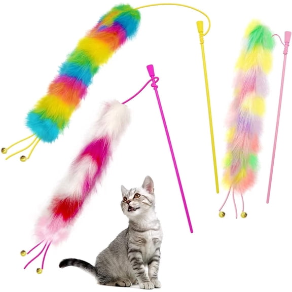 Cat Teaser Toys Interactive Cat Wand with Bells Feather Toy with Soft Furry Tail 3 Pack Funny Cat Toys for Indoor Cat & Kitten