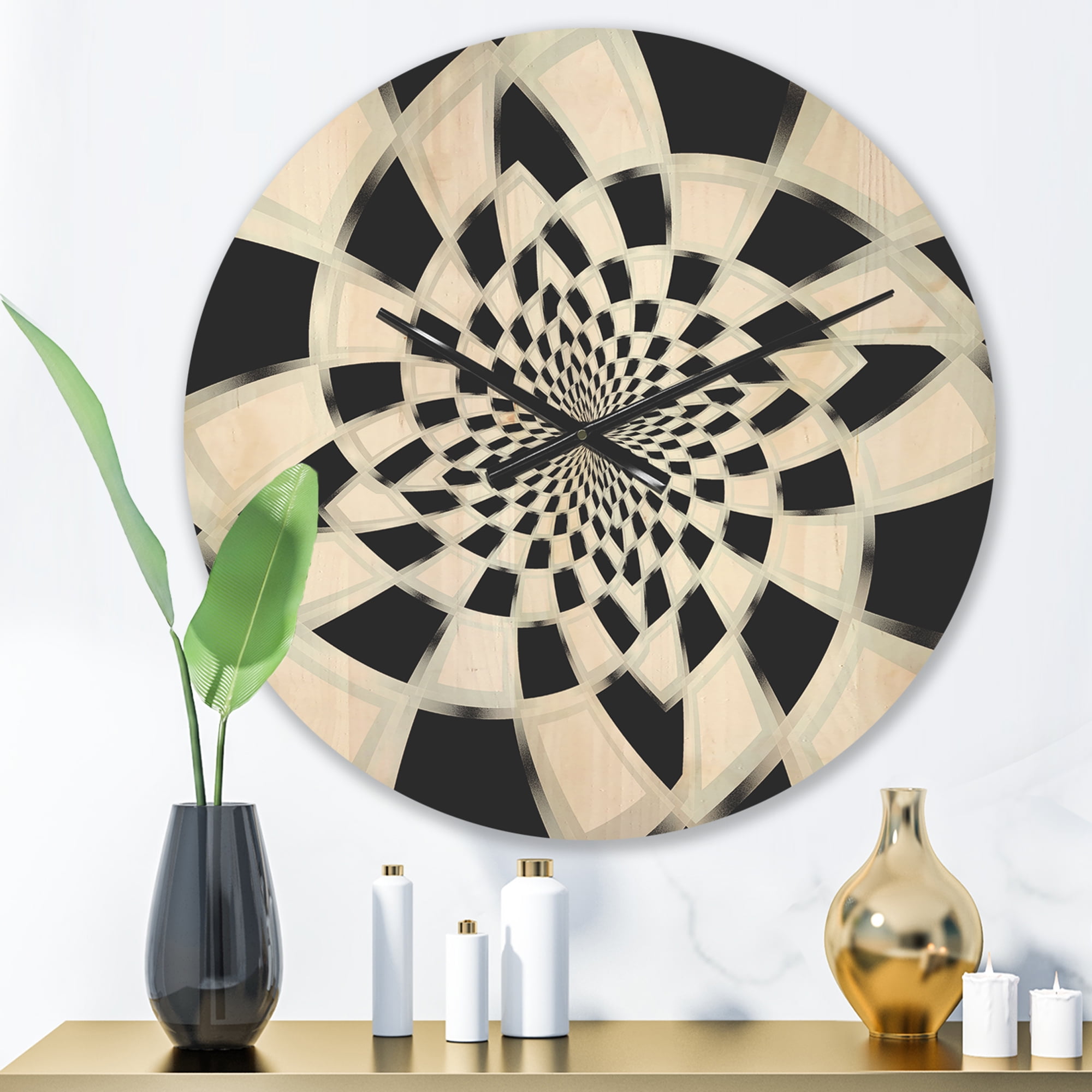 Designart 'Abstract Monochrome Spiral Fractal Design ' Modern Wood Wall Clock