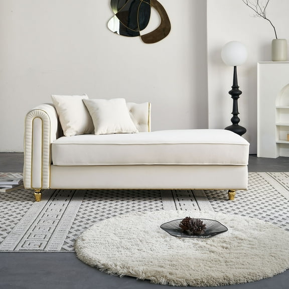 66.9"W Modern Velvet Chaise Lounge with Tufted Back and 2 Toss Pillows, Luxury Upholstered Chaise Sofa for Living Room, Bedroom, or Apartment, Comfortable and Stylish Seating (Beige)
