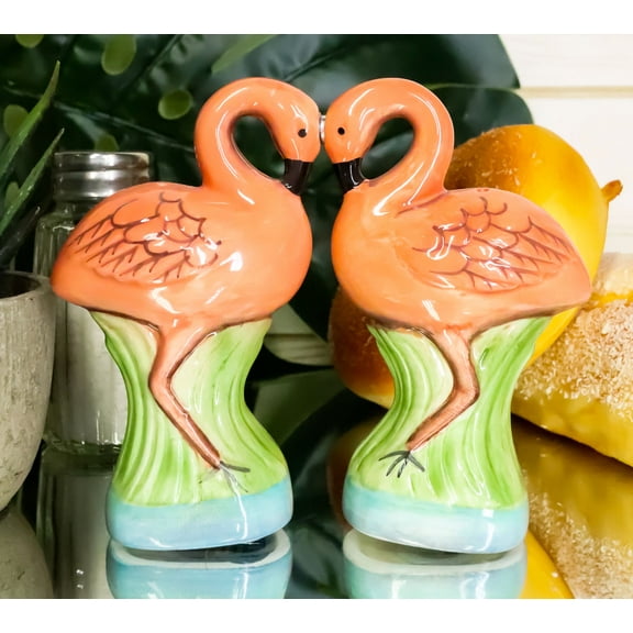 Ceramic Tropical Paradise Birds Love Pink Flamingos Salt and Pepper Shakers Set