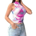 thumbnail image 2 of Womens Summer Floral Mesh Sleeveless High Neck Ruched Slim Fitted Casual Tank Top Going Out Tops Pink & Blue XXL, 2 of 9