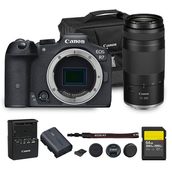 Canon EOS R7 Mirrorless Camera | 32.5MP APS-C Sensor 4K 60p Video | Fast Autofocus In-Body Stabilization for Wildlife and Sports (5137C002)   Canon RF 75-300mm Lens   64GB Card   Bag