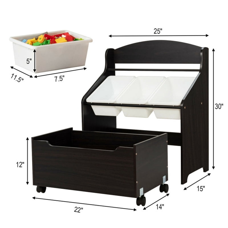 Gundir Kids Toy Storage Organizer with Large Capacity Rolling Toy Box and 3 Removable Bins, Cabinet with Shelf, Easy-Move Lockable Casters, for Playroom Bedroom,Brown, 25"L x 15"W x 30"H