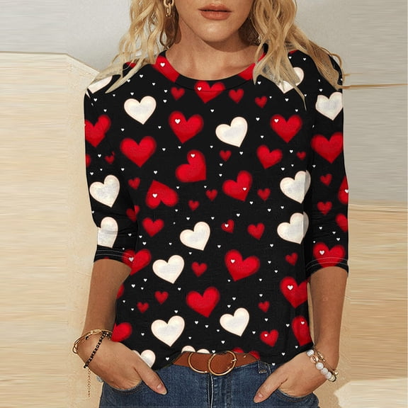VKOYWKM Valentine Shirts Women 3/4 Length Sleeve Women Tops Heart Graphic Tees Valentine Round Neck Loose Fit Three Quarter Length Blouse