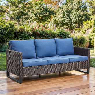 Bowery Hill Wicker Rattan Coastal Gray Outdoor Sofa with Cushion