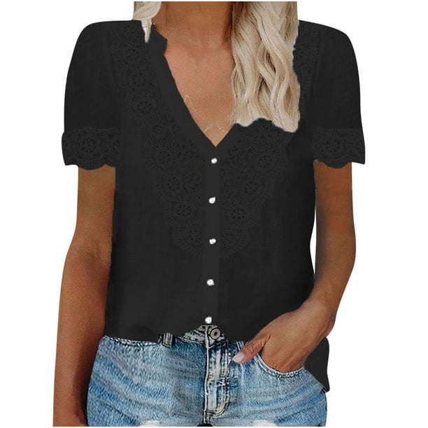 Camiseta informal de verano para mujer, jersey con escote en V y retazos de encaje, blusa, Tops de manga corta Fridja hjk5950